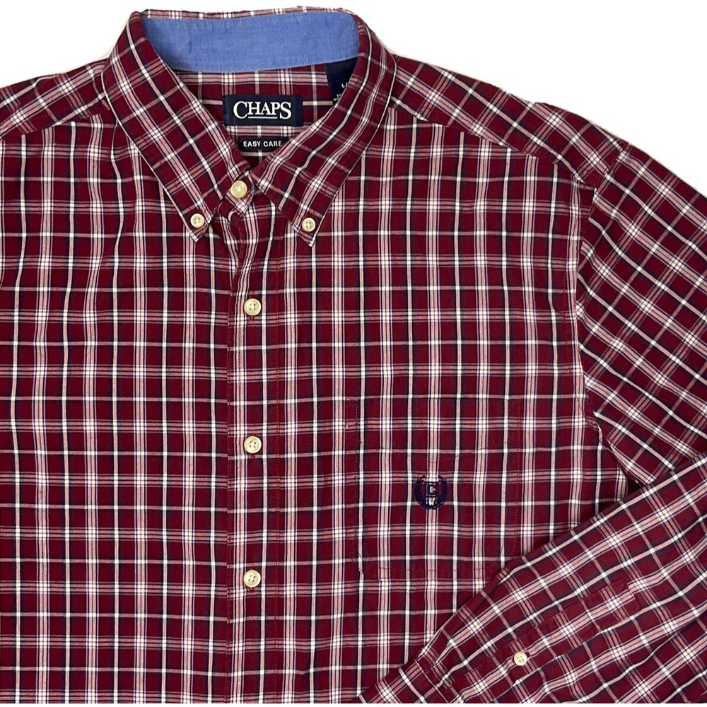 Chaps Mens Shirt Sz Large Easy Care Plaid Long Sleeve Button Down Cotton Top